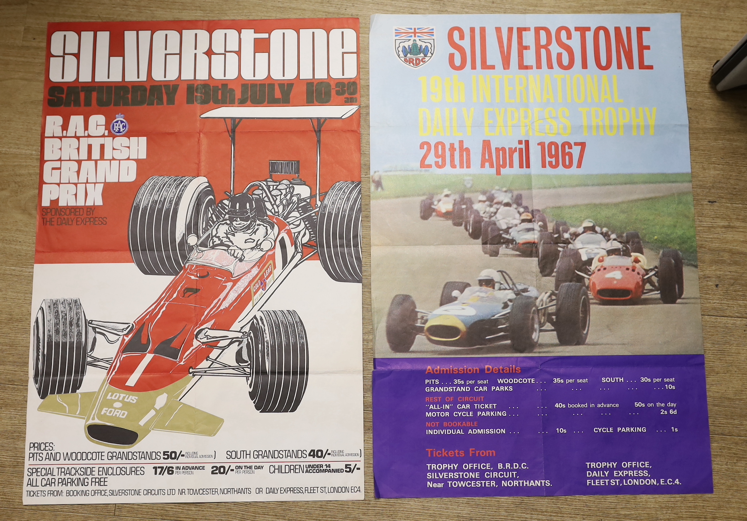 Two 1960s Silverstone motor racing posters; 19th International Daily Express Trophy, 29th April 1967, and an RAC British Grand Prix, 19th July, largest 76 x 51cm